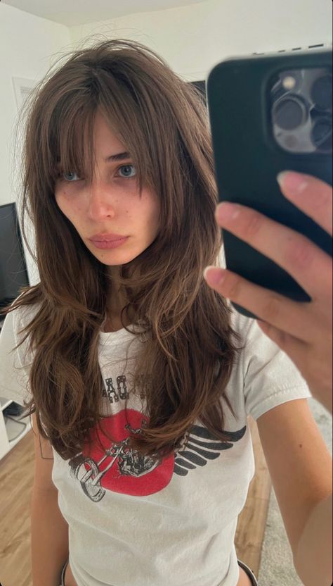 Edgy Hair Inspiration, Fringe Bangs With Face Framing Layers, 90s Haircolours, 60s Long Layered Hair, Long Shaggy Layers Straight, Fringe Hairstyles Brunettes, Whispy Front Bangs Wolfcut, Long Hair Dramatic Layers, Summer Layered Hair