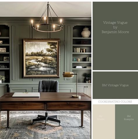 Gray Room Ideas, Green Office Walls, Dark Green Office, Green Office Decor, Color In Interior Design, Green Home Offices, Home Office Dark, Law Office Design, Green Library