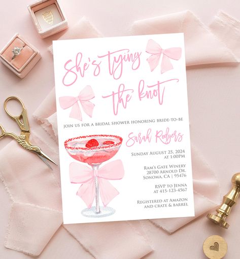 Introducing our exquisite "She's Tying the Knot" bridal shower invitation, the perfect choice for a modern and elegant celebration. This invitation is one of the top bridal shower themes for 2024 and captures the essence of blending timeless sophistication with a contemporary twist. Designed with attention to detail, this invitation showcases a beautiful mix of pink and red watercolor cocktail and bows.  ☆ SIZE: 5"X7" ☆ PROCESSING TIME: * Digital file: Will be uploaded/emailed to you between 1-2 Bridal Shower Themes, Wedding Shower Invitations, Pink Bridal Shower, Cocktail Wedding, Tying The Knot, Shower Themes, Invitation Baby Shower, Wedding Prep, Wedding Cocktails