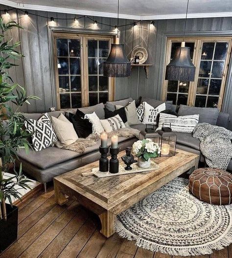 Boho Sisustus, Bohemian Living Room Decor, Furnitur Ruang Keluarga, Bohemian Room, Cabin Living, Bohemian Living Room, Farmhouse Decor Living Room, Diy Decorations, Chic Home Decor