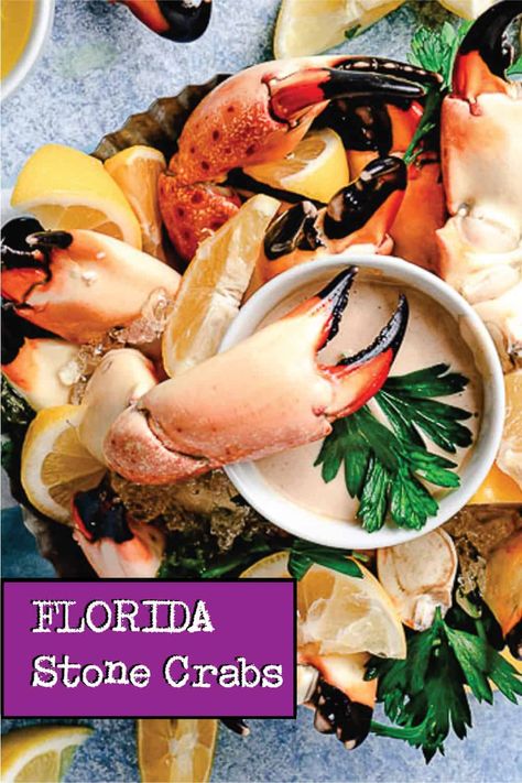 Wild-caught stone crab claws are from right here in the Florida Keys. The iconic dish, Stone Crabs with Mustard Sauce, is available in almost restaurant in Florida, during season, which runs from October through May. The sweet and succulent crab claws are a real treat and one of the most delicious foods you will ever eat! Tropical Appetizers, Stone Crab Claws, Fresh Fish Recipes, Side Dishes For Fish, Homemade Mustard, Stone Crab, Crab Claws, Seafood Recipes Healthy, Tropical Food