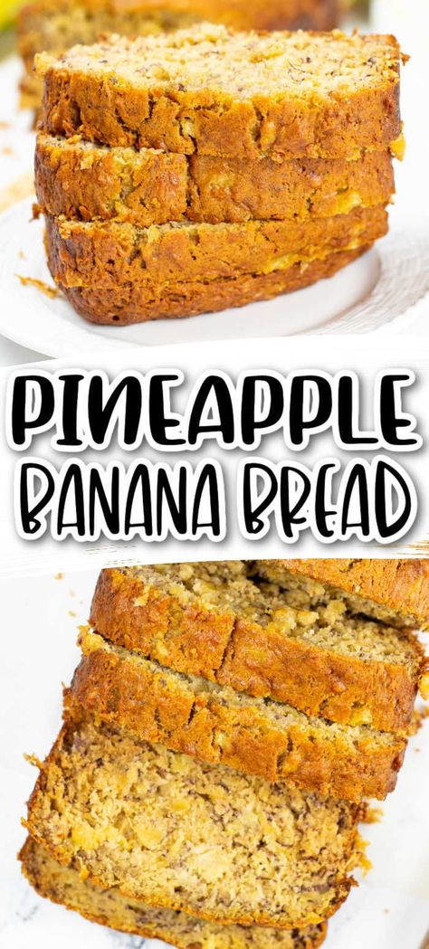 Elevate your banana bread game with a twist of tropical goodness. Our Pineapple Banana Bread is a delightful fusion of sweet bananas and juicy pineapple, resulting in a moist and flavorful treat that will transport your taste buds to a sunny beach. Enjoy a slice with your morning coffee or serve it as a crowd-pleasing dessert. It's the perfect balance of fruity flavors! Banana Pineapple Bread Recipe Moist, Banana Bread With Pineapple, Recipes With Crushed Pineapple, Pineapple Banana Bread, Pineapple Banana Bread Recipe, Protein Banana Bread, Pineapple Bread, Bran Muffin Recipes, Classic Banana Bread