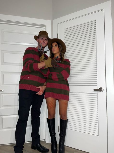 29 Hottest Couple Halloween Costumes That Will Blow Your Mind! - The Fashionable One Couple Freddy Kruger, Couples Halloween Outfits Scary, Freddy Krueger Couple Costume, Freddie Kruger Halloween, Mexican Halloween Costume, Scary Couples Costumes, Freddy Krueger Costume, Couple Halloween Costume, Cute Couples Costumes