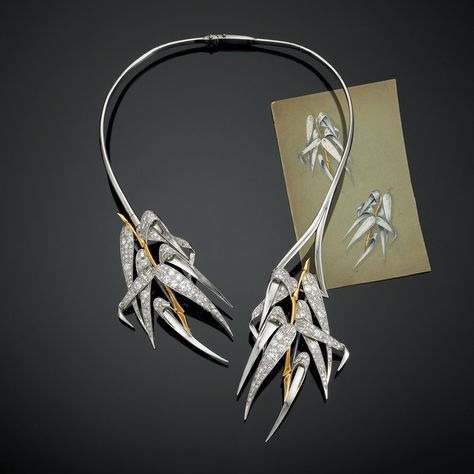 This vintage diamond necklace by Belperron features bamboo leaves in platinum, gold and diamonds. A very versatile piece where the leaves can also be detached and worn as brooches (price on request). Vintage Diamond Necklace, Suzanne Belperron, Bamboo Necklace, Bamboo Jewelry, Bamboo Leaves, Contemporary Jewelry, Vintage Diamond, High Jewelry, Jewellery Design