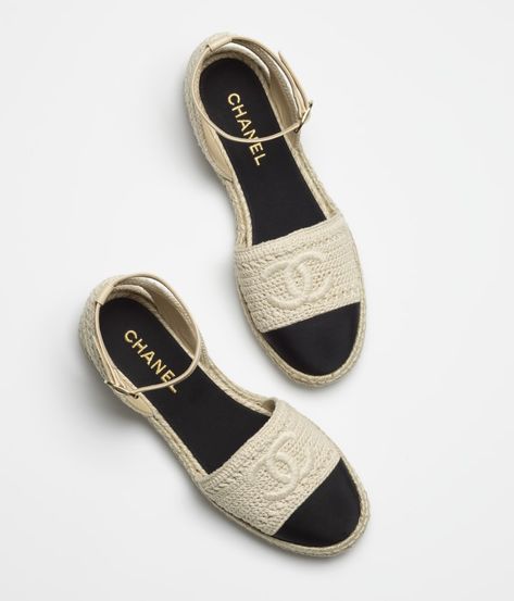 Espadrilles, embroidery & grosgrain, beige & black - CHANEL Chanel Wedges, Espadrilles Chanel, Official Shoes, Chanel Espadrilles, Moda Chanel, Mode Chanel, Espadrilles Shoes, Chanel Store, 2022 Ss