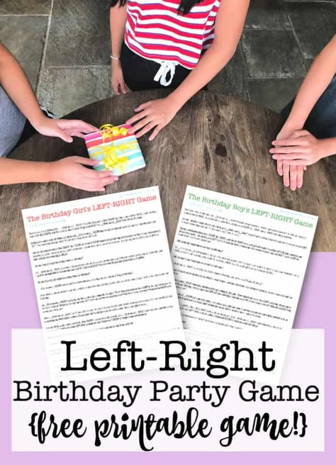 This is a fun kids party game that keeps everyone involved, and celebrates the birthday boy or girl in a totally unique way! It's the “pass the present” game known as the Left-Right Birthday Party Game! And I've created a free printable that you can download to play!  #LeftRightGame #PartyGames #KidsPartyGames #FreePrintable Birthday Present Game Ideas, Easy Kids Party Games, Bday Activities, Fun Kids Party Games, Pass The Present Game, Kids Birthday Party Activities, Birthday Party Game, Birthday Party Games For Kids, Holiday Party Games