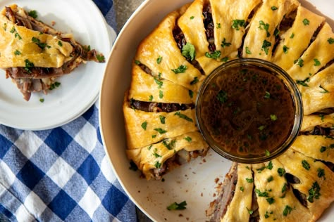 French Dip Crescent Ring — Baking with Josh & Ange Au Jus Sauce, French Dip Crescents, Jus Sauce, Banana Bread Brownies, Cheese Crescent Rolls, Crescent Ring, French Dip Sandwich, Crescent Roll Recipes, Vegan Banana Bread