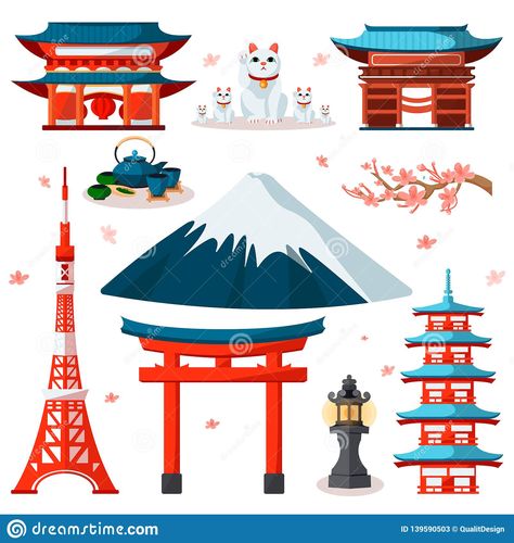 Landmarks Illustration, Japan Icon, Japan Summer, Tokyo Japan Travel, Torii Gate, Japan Aesthetic, Japan Design, Dessin Adorable, Kyoto Japan