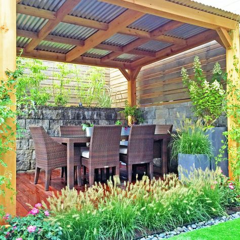 mix of grasses, cherry trees, bamboo, roses, trumpet vines, variegated irises, hydrangeas and sky pencil hollies. Instead of roses Brooklyn Backyard, Small Pergola, Steel Pergola, Cedar Pergola, Outdoor Shelters, Pergola Design, Wooden Pergola, Backyard Pergola, Deck With Pergola