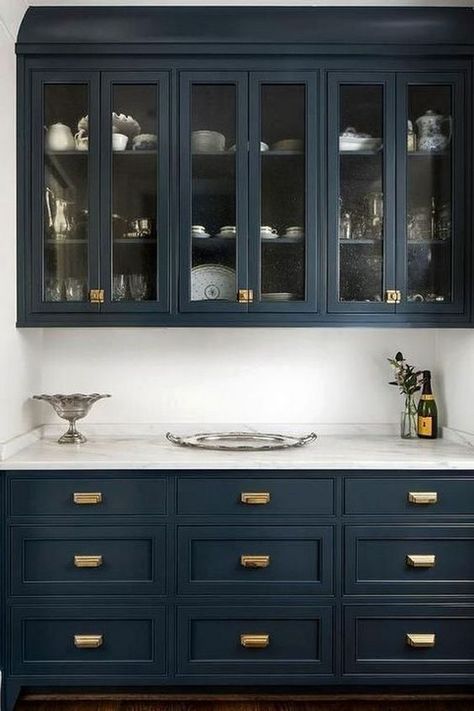 Navy cabinets look amazing with brass hardware and white carerra marble countertops, no doubt! But will they look dated years from now? Dark Blue Cabinets, Navy Kitchen Cabinets, Cabinets Hardware, Navy Cabinets, Navy Kitchen, Beautiful Kitchen Cabinets, Blue Kitchen Cabinets, Kitchen Pantry Design, Hardware Pulls