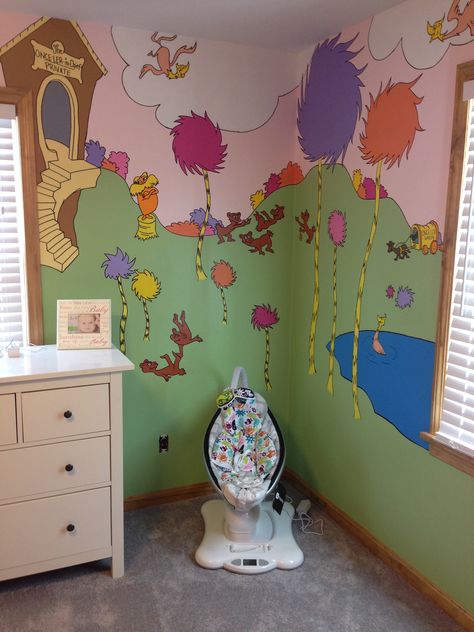 Dr Seuss Nursery Dr Seuss Nursery Theme, Daycare Room Ideas, Nursery Wallpaper Border, Dr Seuss Nursery, Playroom Mural, Diy Playroom, Boy Nursery Themes, Murals For Kids, Children's Bedrooms