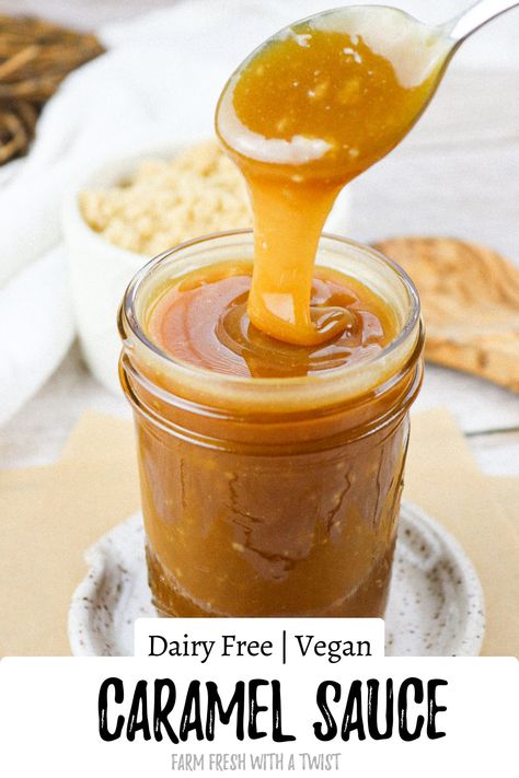 This Dairy Free Caramel Sauce is made with just 4 ingredients and tastes like the real deal. This creamy and buttery vegan caramel can be used in recipes, drizzled on ice cream and cakes or as a vegan caramel dip for fruit. This dairy free caramel sauce recipe is made with natural ingredients and contains no dairy or corn syrup. Vegan Caramel Sauce Recipe, Vegan Caramel Sauce, Maple Caramel, Condensed Coconut Milk, Caramel Recipes Sauce, Vegan Caramel, Desserts Vegan, Salted Caramel Sauce, Caramel Recipes