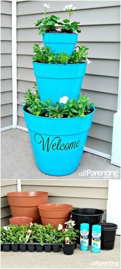 DIY - Stacked Pot Planter "Welcome - make a good impression. Stacked Pots, Diy Frühling, Spring Porch Decor, Flower Tower, Plants Growing, Diy Flower Pots, Have Inspiration, Kraf Diy, Side Yard