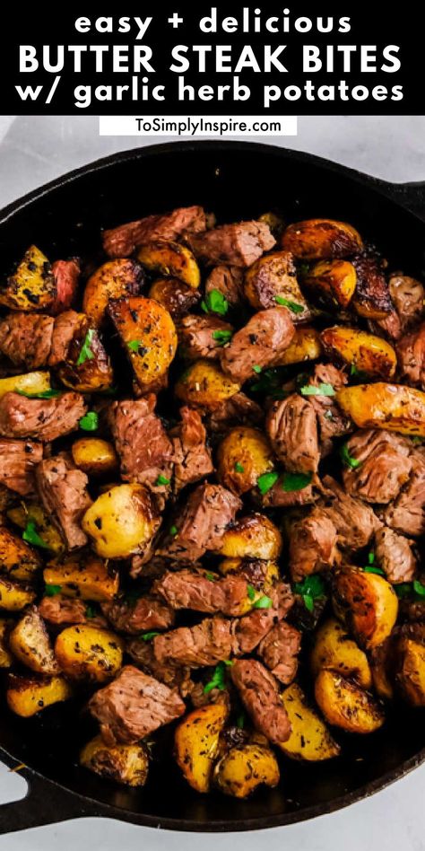 One Skillet Steak And Potatoes, Light Steak Dinner Recipes, Garlic Butter Steak Bites And Gnocchi, Steak Strips And Potatoes, Steak Bites Cast Iron Skillet, Steak Skillet With Roasted Potatoes, Garlic Herb Potatoes And Steak Skillet, Stew Meat Bites, Steak And Potato Meal Prep