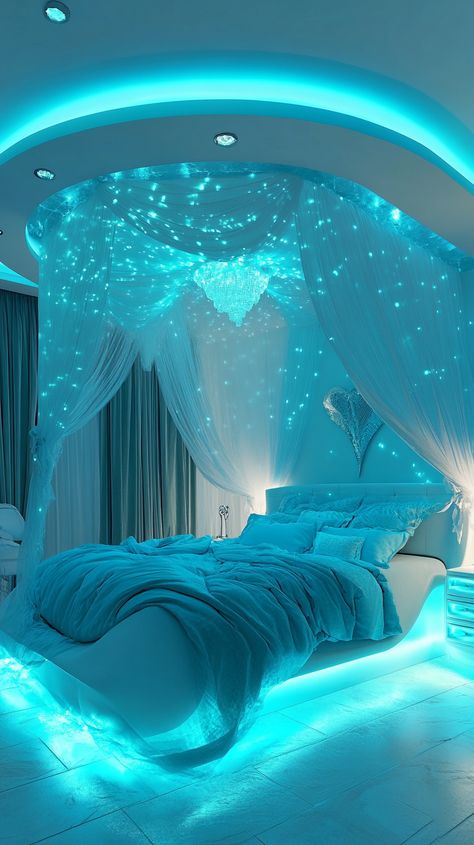 Dive into tranquility with a Pisces-inspired bedroom 🌊 featuring a flowing canopy bed that mimics ocean waves 🌬️. Embrace the serene aqua color scheme 🦋 and let dreamy lighting transport you to underwater worlds 🐠. Perfect for those who cherish a calming, ethereal vibe. 🌟✨ Fairy Bedroom Aesthetic, Aqua Bedroom, Underwater Bedroom, Dreamy Lighting, Aqua Bedrooms, Girls Blue Bedroom, Light Blue Bedroom, Ocean Bedroom, Girls Bedroom Decor Ideas