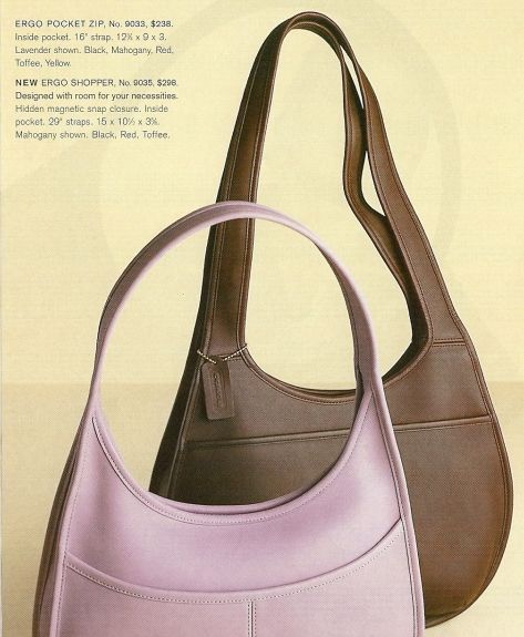 COACH new Ergo Shopper 9035 and Ergo Pocket Zip 9033 in 1997 catalog Coach Bags Vintage, Vintage Coach Ergo Bag, 80s Bags Vintage, Vintage Coach Ergo, Vintage Coach Catalog, Coach Ergo Bag, Coach Ergo, Couch Bag, Coach Vintage Handbags