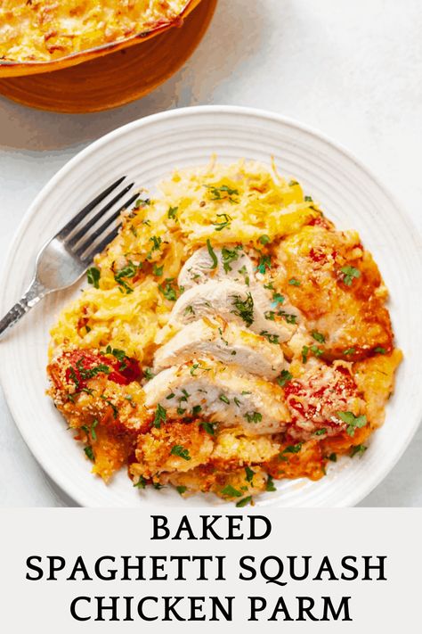 Spaghetti Squash And Chicken Recipes, Chicken Parm Spaghetti Squash, Spaghetti Squash Chicken Parmesan, Easy Baked Chicken Parmesan, Spaghetti Squash Chicken, Parmesan Spaghetti Squash, Healthy Squash Recipes, Squash Roasted, Spaghetti Squash Recipes Easy