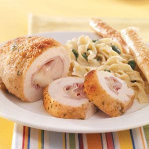 Italian Chicken Roll-Ups (rolled up with Ham & Prov Cheese and Rolled in Bread/Parm/Parsley)- Just made these with my son John for Sunday Lunch!  They were FAB!  Served with Buttered Rice, Spinach (Buttered, S & Nutmeg- of course!) and Sauteed Peach Slices (with honey & cinnamon!)  Finished the meal with a homemade Choco-Ice Cream Roll Cake (made entirely by John!) YUMMLY CHUMMLY!!!! Resep Makanan Beku, Chicken Roll Ups, Chicken Roll, Cooking Photos, Chicken Rolls, Italian Chicken, Cooking Guide, Freezer Cooking, Make Ahead Meals