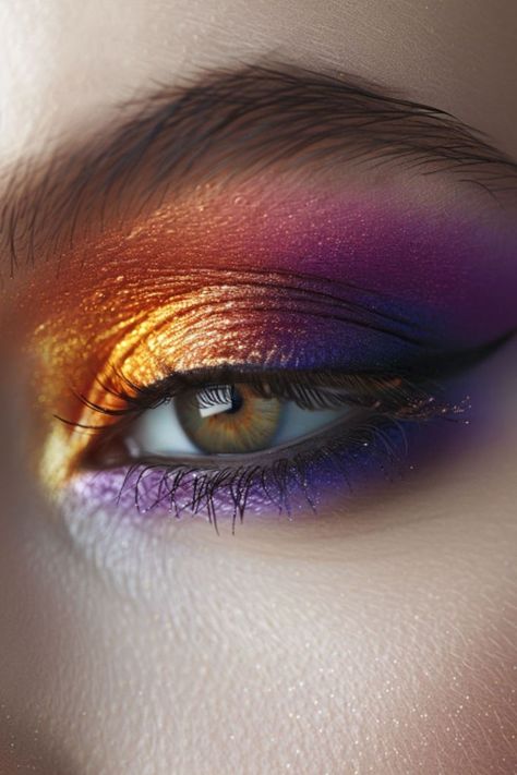 Eyeshadow Looks Sunset, Purple Makeup Wedding, Purple Orange Eye Makeup, Purple Gold Eyeshadow, Orange And Purple Eyeshadow, Sunset Inspired Outfits, Make Up Purple Eyes, Orange Purple Eyeshadow, Orange Purple Makeup