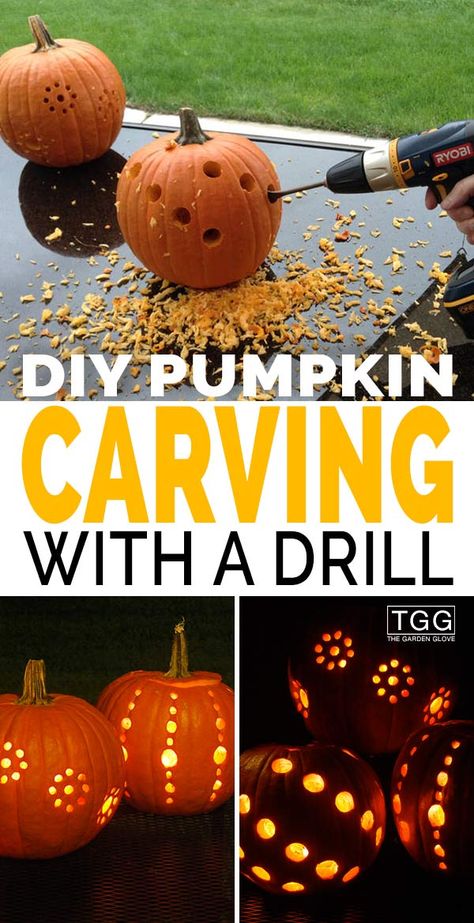 DIY Pumpkin Carving With A Drill • The Garden Glove Pumpkin Carving Drill, Pumpkin Carving With Drill, Pumpkin Drilling, Diy Pumpkin Carving, Exterior Flooring, Ceiling Door, Pumkin Decoration, Pumkin Carving, Creative Pumpkin Carving