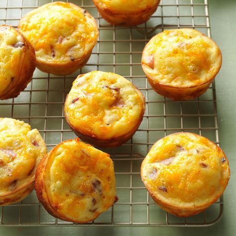 Ham ‘n’ Cheddar Cups Cheddar Cups, Best Potluck Recipes, Ham And Cheese Muffins, Cheddar Cheese Recipes, Delicious Muffins, Cheese Muffins, Twice Baked Potatoes, Potluck Recipes, Breakfast On The Go