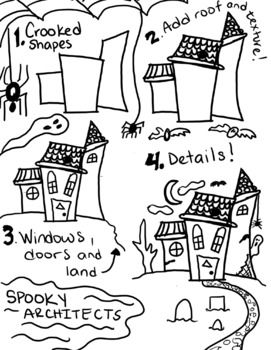 Easy step by step spooky house drawing. Good for a sub lesson plan. Spooky house or haunted house design. How to in 4 easy steps. Spooky Haunted House Drawings, Spooky House Drawing Easy, Simple Haunted House Drawing, How To Draw A Haunted House, Haunted House Doodle, Haunted House Preschool, Easy Spooky Drawings, Haunted House Drawing Easy, Spooky House Drawing