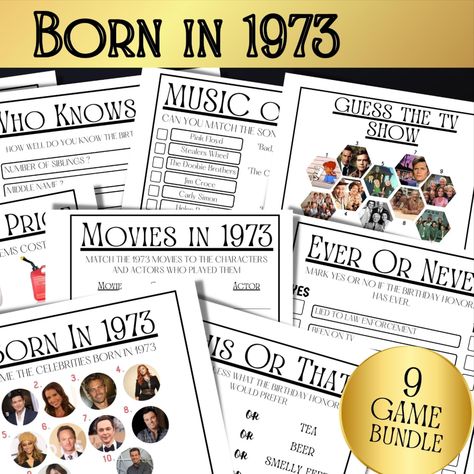 Each game is designed to be full size, with two smaller games printed on each US Letter Size Sheet. Answers are also included to make it easier to play. Get ready to travel back in time and have an unforgettable experience with this game bundle! 50th Party Games, 50th Birthday Activities, Adult Birthday Party Games, 50th Birthday Party Games, 50th Birthday Party Decorations, 45th Birthday, Birthday Activities, 50th Party, Adult Birthday Party