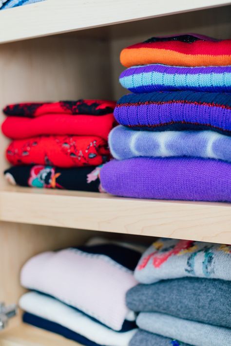 Sweater Folding — Next Level: Professional Organizing Fold Bulky Sweaters To Save Space, How To Fold Bulky Sweaters To Save Space, Folding Sweaters For Shelves, How To Store Sweatshirts, Sweater Folds, Sweater Storage Ideas, Fold Sweaters, How To Fold Sweaters, Sweater Organization