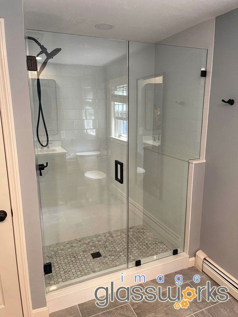 Shower Glass Door Ideas Black, Clear Shower Door Ideas, Shower Door With Black Hardware, Adding Glass Shower Door, Glass Shower Black Hardware, Standing Shower Glass Door, Long Living Room Design, Clear Shower Door, Glass Bathroom Door