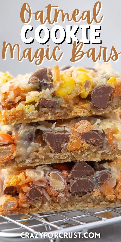 Oatmeal Cookie Magic Bars are a 7 layer bar with an oatmeal cookie crust! Use any toppings you like to make this amazing cookie bar recipe. Magic Cookie Bar Variations, Do Nothing Bars, 9 Layer Cookie Bar Recipe, Lazy Cookie Bars, Bar Cookies 9x13, Oatmeal Cookie Crust, Magic Cookie Bar, Layered Bars, Magic Bars Recipe