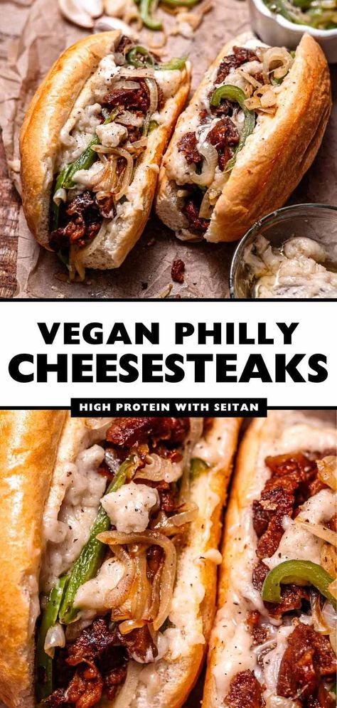 These are the absolute best vegetarian and vegan Philly cheesesteaks! These plant-based cheesesteaks are made with chewy, savory seitan beef, a dairy-free provolone cheese sauce, and lots of sautéed peppers and onions. The toasted crunchy yet fluffy hoagie is coated in a delicious garlic butter (vegan of course!). These veggie sandwiches are super simple to make, perfect for lunch or dinner. Quick Vegan Recipes Dinner, Yeast Free Dinner Recipes, Dairy Free Philly Cheese Steak, Dinner Ideas For Vegans, Family Dinner Recipes Vegetarian, No Dairy No Meat Recipes, Philly Cheese Steak Vegetarian, Vegetarian Sandwiches For Dinner, Health Vegan Meal