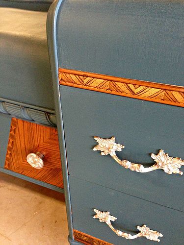 Waterfall Vanity Waterfall Vanity Makeover, Redone Furniture, Waterfall Furniture, Antique Ideas, Waterfall Vanity, Aubusson Blue, Dresser Makeovers, Stencil Paint, Old Vanity