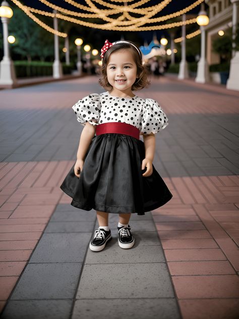 a girl wearing a satin dress with a black skirt, a red belt at the waist and a black and white polka-dotted satin bodice poses smiling. White Polka Dot Top, Fluffy Skirt, Red Belt, Satin Bow, Red Satin, Satin Dress, Girls Dress, Dress Red