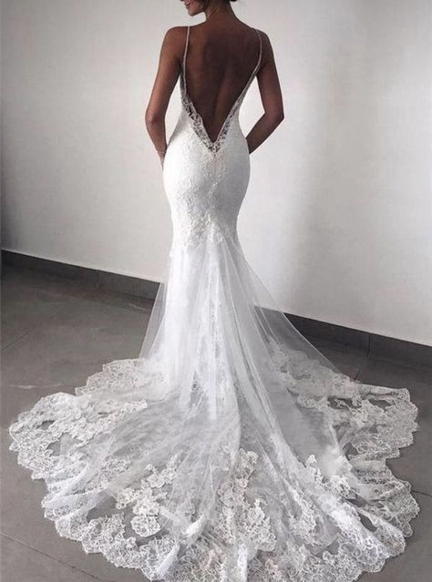 Simple Wedding Dress Country, Garden Outdoor Wedding, Backless Lace Wedding Dress, Spaghetti Strap Wedding Dress, Outdoor Wedding Dress, Mermaid Wedding Dresses, Country Wedding Dresses, Dresses Mermaid, Backless Wedding