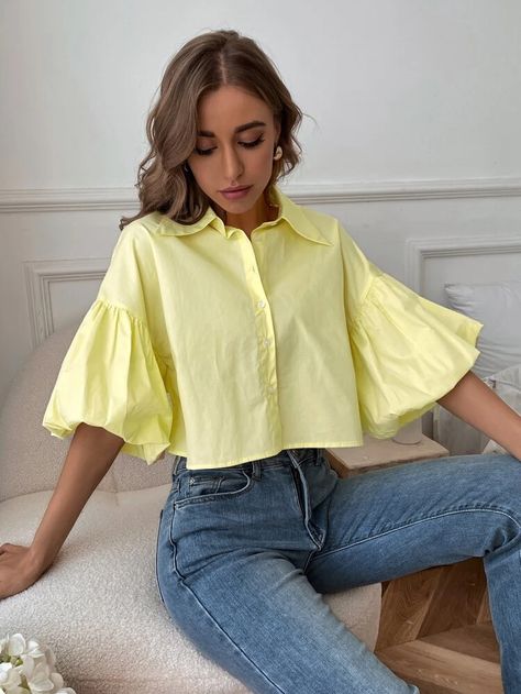 Como Fazer Short, Women Tops Online, Cotton Tops Designs, Fancy Shirt, Yellow Shirt, Bishop Sleeve, Women Blouses, Dress Shirts For Women, Chiffon Shirt