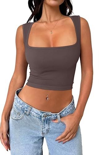 Hello Gorgeous! Let&apos;s Shop's Amazon Page Trendy Tank Tops, American Eagle Crop Top, Square Neck Top, Cute Tank Tops, Sleeveless Crop Top, Best Wear, Basic Outfits, High Waisted Leggings, Cropped Tank Top