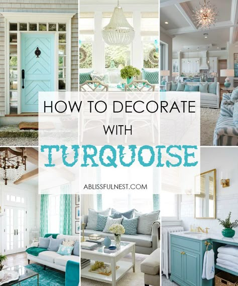 Living Room Turquoise, Coastal Farmhouse Decor, Turquoise Decor, Beach Cottage Decor, Beach House Style, Beach House Interior, Easy Home Decor, A Living Room, How To Decorate