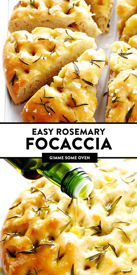 This delicious Rosemary Focaccia Bread recipe is easy to make, and topped with fresh rosemary, olive oil and flaky sea salt. Easy to make as a side for dinner, and it also freezes well! | gimmesomeoven.com #focaccia #bread #italian #side #vegetarian #baking Rustic Italian Bread Recipe Homemade, Crusty Bread Recipe Without Dutch Oven, Bread For Bbq, Easy Onion Recipes, Easy Homemade Focaccia Bread, Bread Recipes With Bread Flour, Ficossia Bread Recipe, Sea Salt Desserts, Fast Focaccia Bread Recipe