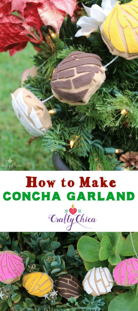 Sweeten up your life with this concha garland - The Crafty Chica #craftychica #pandulce #conchacrafts #feltcrafts #latinxdiy #latinocrafts Birthday Crafts For Friends, Crafts For Friends, Mexican Christmas Decorations, Mexican Pastries, Mexico Christmas, Mexican Christmas, Mexican Crafts, Mason Jar Crafts Diy, Birthday Crafts