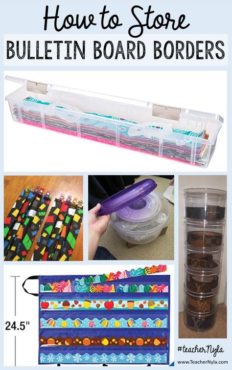 How to Store Bulletin Board Border Trims in your classroom Bulletin Board Border Storage Ideas, Bulletin Board Organization Ideas, Bulletin Board Border Storage, Bulletin Board Storage Ideas, Boarders For Bulletin Boards, Easy Bulletin Boards, Bulletin Borders, Bulletin Board Paper, Middle School Classroom Decor