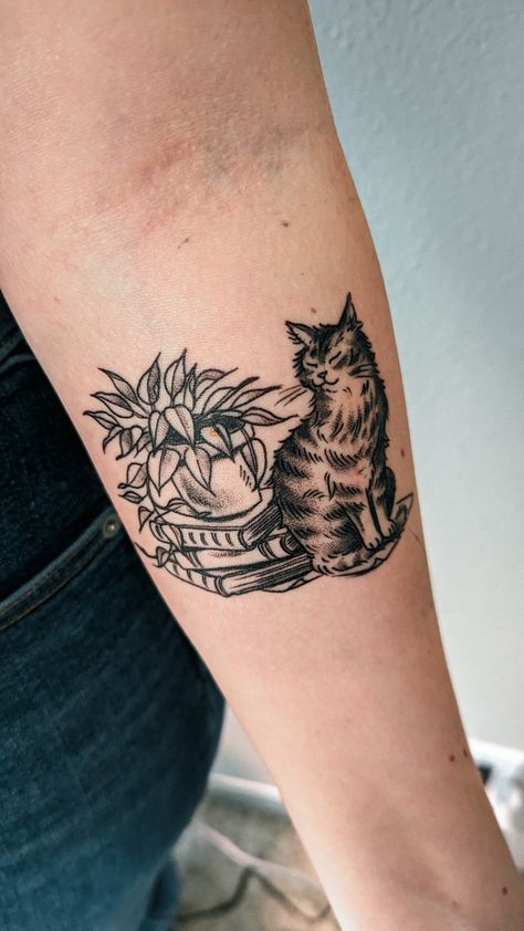 Dog And Book Tattoo, Plant Book Tattoo, Cat With Plants Tattoo, Botanical Cat Tattoo, Cat Books Tattoo, Cat With Books Tattoo, Book Plant Tattoo, Book And Cat Tattoo, Cat And Plant Tattoo