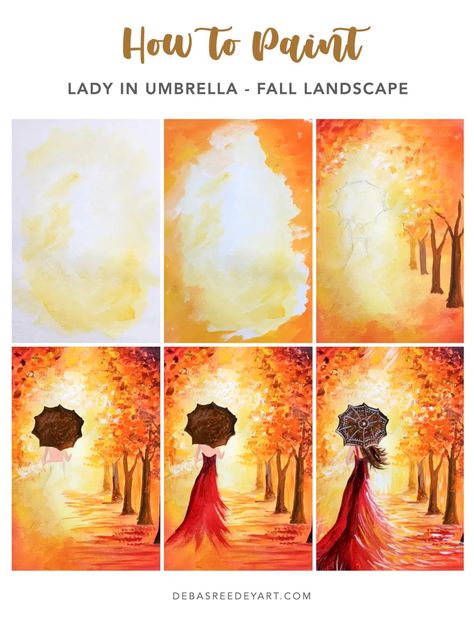 Lady in fall painting - Step by step acrylic painting for beginners Step By Step Acrylic Painting, Learn Acrylic Painting, Fall Landscape Painting, Online Painting Classes, Fall Canvas Painting, Painting Skills, Fall Canvas, Painting Courses, Canvas Painting Tutorials