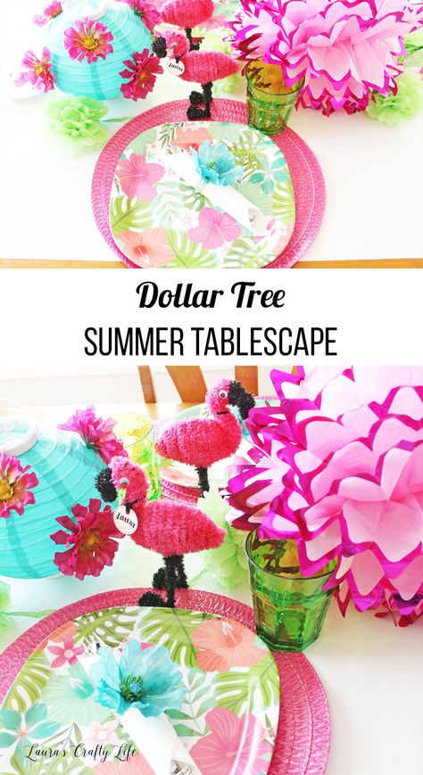 Dollar Tree Summer Tablescape. Create a beautiful and affordable summer table or party using party supplies found at Dollar Tree. #dollartree #summer #laurascraftylife Dollar Tree Tropical Centerpieces, Dollar Tree Luau Decorations, Summer Party Centerpiece Ideas, Beach Theme Party Decorations Diy, Dollar Tree Party Decorations, Dollar Tree Crafts For Kids, Summer Party Centerpieces, Tree Party Decorations, Tree Crafts For Kids