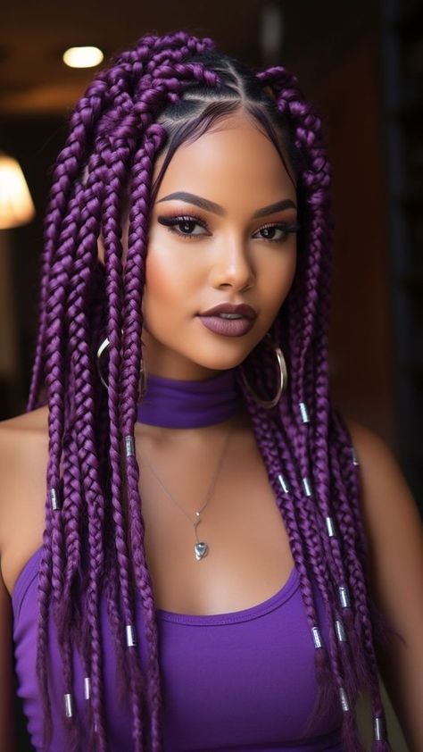 Braided Hair With Color, Dark Purple Box Braids, Purple Goddess Braids, Purple Braids For Black Women, Purple Hair Braids, Box Hairstyles, Purple Braiding Hair, Braids Colors, Purple Box Braids