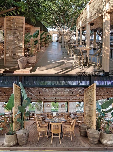 Screens Made From Reeds Add To The Beach Aesthetic Of This Bar And Restaurant Beach Cafe Aesthetic, Beach Restaurant Design, Outdoor Restaurant Patio, Outdoor Restaurant Design, Restaurant Patio, Cafe Aesthetic, Cafe Shop Design, Coffee Shops Interior, Beach Cafe