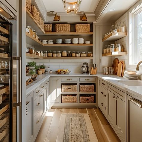 Butlers Pantry Design Ideas, Paneled Fridge And Pantry Wall, Butler Pantry Ideas Walk In, Large Walk In Pantry With Countertop, Walk In Pantry Ideas Layout With Window, Kitchens With Butlers Pantry, Walkin Pantry Layout, Pantry Walk In, Interior Design Pantry