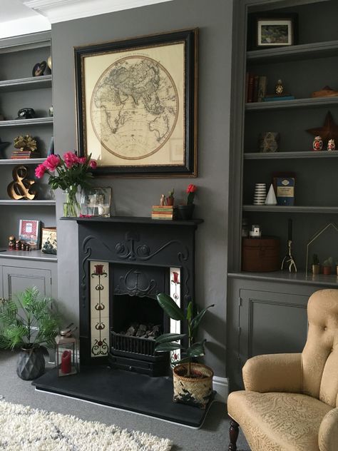 Farrow and Ball Moles Breath Grey Living Room Moles Breath, Farrow And Ball Living Room, Alcove Ideas Living Room, Above The Fireplace, Snug Room, Victorian Living Room, Living Room Built Ins, Dark Living Rooms, Cosy Living Room