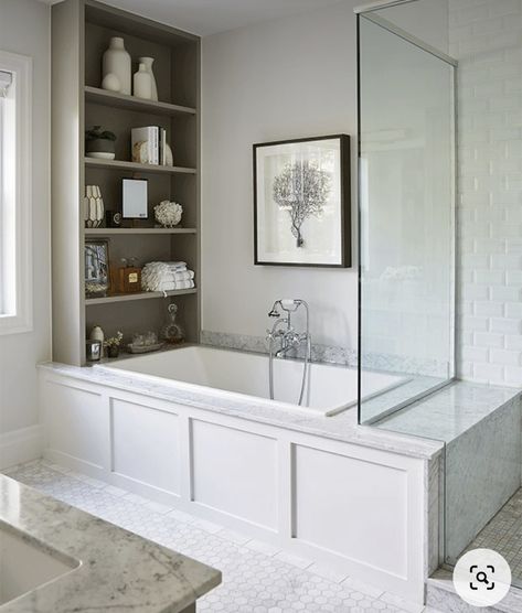 Sunk In Bathtub, White Oak Nightstand, Built In Bathtub, Built In Bath, Shower Glass, Master Ensuite, Tub Surround, Master Bath Remodel, Ensuite Bathroom