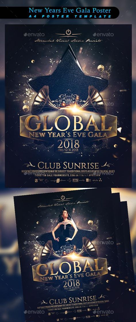 New Years Eve Gala Poster for $10 - Envato Market #flyer #concert #FlyerDesign #music #print #flyertemplates #ConcertFlyer #EventFlyer #GraphicDesign #graphic #EnvatoMarket #graphics #BestDesignResources Golden Invitation, New Year Concert, New Years Ball, Flyers Template, Concert Poster Design, Concert Flyer, Music Flyer, Halloween Flyer, Gold Poster