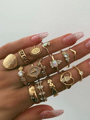 Gold Coin Ring, Many Rings, Stackable Ring Sets, Pattern Ring, Coin Ring, Rhinestone Ring, Gold Ring Sets, Charm Rings, Gold Rhinestone